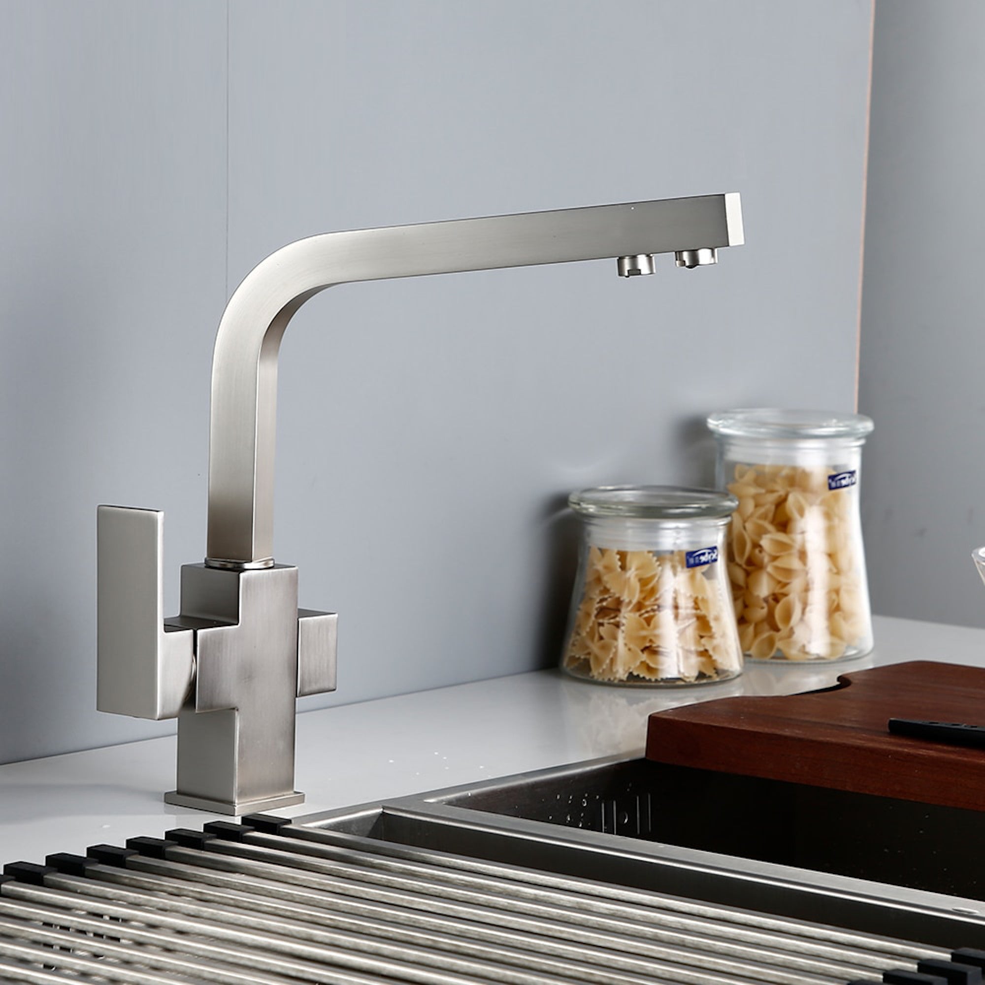 Turin modern square 3 way kitchen sink filter mixer tap - brushed nickel - Kitchen